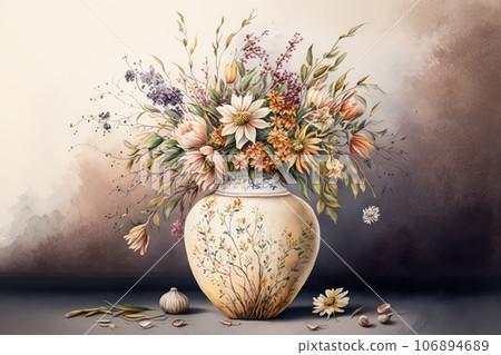 Watercolor composition with flower in antique vase Generative AI 106894689
