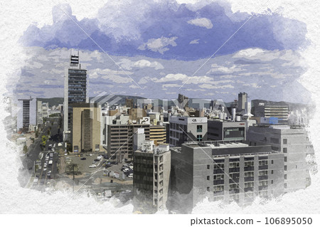 水彩畫風格岡山縣岡山市,從岡山市政廳眺望岡山市中心 水彩畫風格岡山縣岡山市,從岡山市政廳眺望岡山市中心 106895050