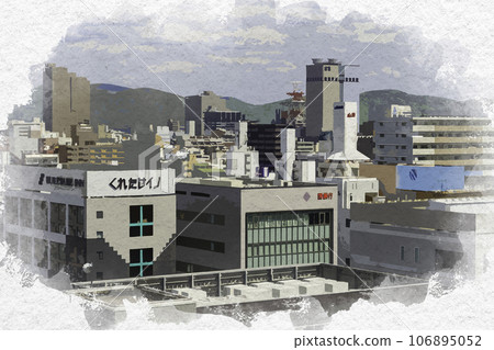 Watercolor painting style Okayama City, Okayama Prefecture, looking at the center of Okayama from Okayama City Hall Watercolor painting style Okayama City, Okayama Prefecture, looking at the center of Okayama from Okayama City Hall 106895052