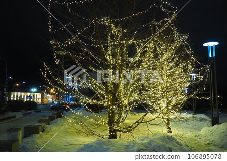New Year or Christmas city night street. Snowdrifts. Tree lighting design. Winding garlands of the trunk and branches. LED Christmas decorations. Garlands - spider and clip light. Electric lighting New Year or Christmas city night street. Snowdrifts. Tree lighting design. Winding garlands of the trunk and branches. LED Christmas decorations. Garlands - spider and clip light. Electric lighting 106895078