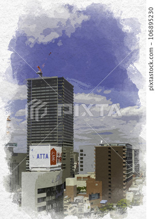 Watercolor style Okayama City, Okayama Prefecture, overlooking the forest town Grace from Okayama City Hall Watercolor style Okayama City, Okayama Prefecture, overlooking the forest town Grace from Okayama City Hall 106895230