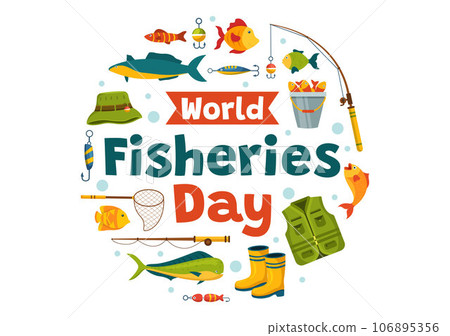 World Fisheries Day Vector Illustration of Fisherman with Fishing Rod on Boat at the Sea to Protecting Aquatic Ecosystems and Preserving Biodiversity 106895356