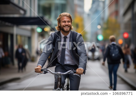 Young american man riding a bicycle on a road in a city street. Blurry urban background. 106896771