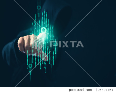Hacker is pointing his finger at a group of zeros on a dark background. Concept of information security in internet networks and espionage. 106897465