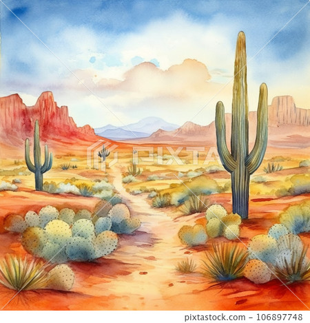 Watercolor illustration of vast desert and cacti AI image 106897748