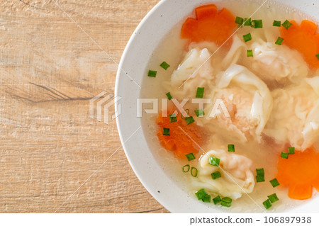 shrimp dumpling soup in white bowl shrimp dumpling soup in white bowl 106897938