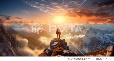 Fictional Hiker stands at the summit of a difficult mountain climb to be greeted with a beautiful view of the sunrise Fictional Hiker stands at the summit of a difficult mountain climb to be greeted with a beautiful view of the sunrise 106899309