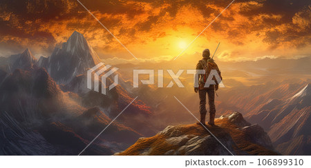 Fictional Hiker stands at the summit of a difficult mountain climb to be greeted with a beautiful view of the sunrise 106899310