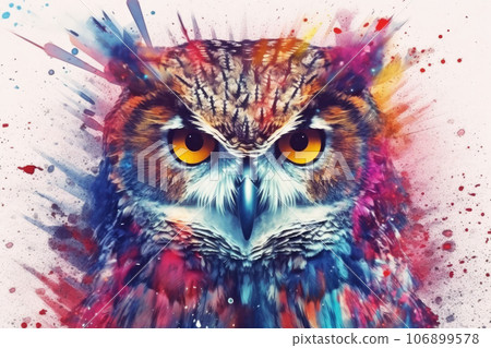 Abstract animal Owl portrait with colorful double exposure paint 106899578