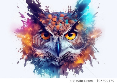 Abstract animal Owl portrait with colorful double exposure paint 106899579