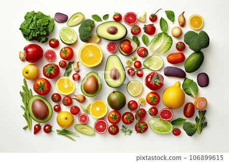 Fresh fruits and vegetables, healthy food, spread apart, isolated flat lay from above white background 106899615