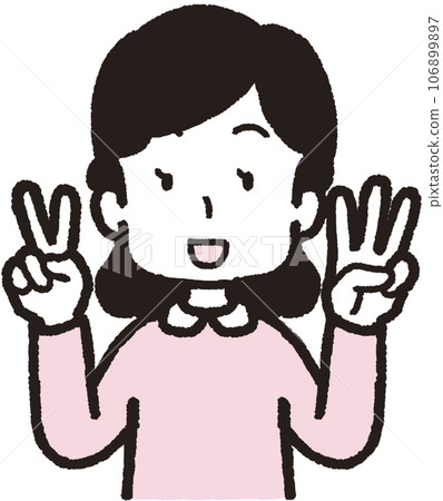 Upper body illustration of a smiling woman making 23 hand signs with three fingers on her left hand and two fingers on her right hand 106899897