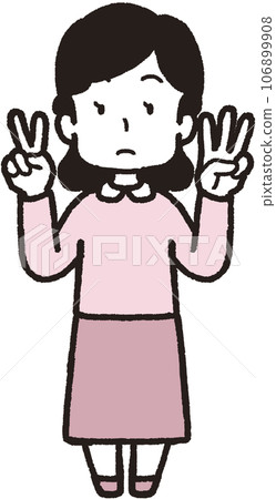 Full-body illustration of a woman doing 23 hand signs with three fingers on her left hand and two fingers on her right hand 106899908