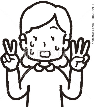 Upper body line drawing illustration of a woman sweating and panicking while doing 23 hand signs with three fingers on her left hand and two fingers on her right hand 106899911