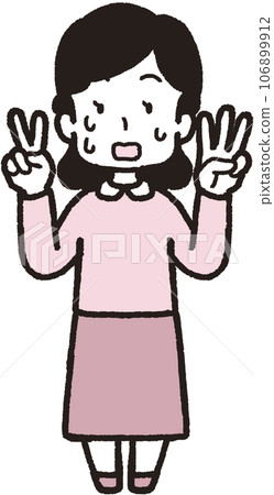 A full-body illustration of a sweaty and panicked woman making 23 hand signs with three fingers on her left hand and two fingers on her right hand. 106899912