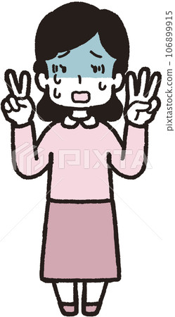 A full-body illustration of a pale woman making 23 hand signs with three fingers on her left hand and two fingers on her right hand. 106899915