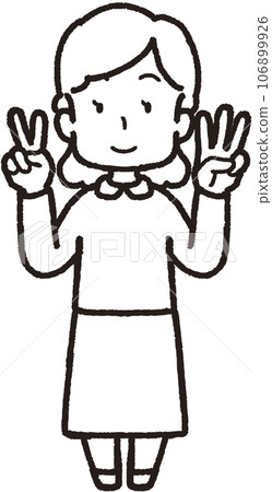 A full-body line drawing illustration of a smiling woman making 23 hand signs with three fingers on her left hand and two fingers on her right hand. 106899926
