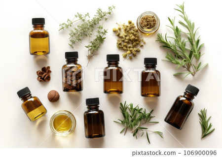 A top view of a collection of essential oils arranged on a white stone table. Ideal for promoting aromatherapy and natural remedies 106900096