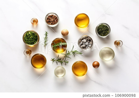 A top view of a collection of essential oils arranged on a white stone table. Ideal for promoting aromatherapy and natural remedies 106900098