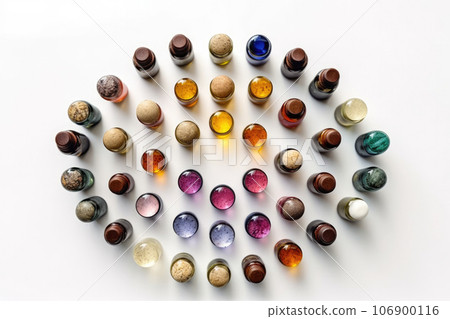 A top view of a collection of essential oils arranged on a white stone table. Ideal for promoting aromatherapy and natural remedies 106900116