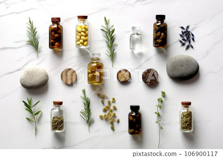A top view of a collection of essential oils arranged on a white stone table. Ideal for promoting aromatherapy and natural remedies 106900117
