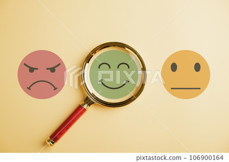 Seeking happiness smiley face icon under magnifying glass. Customer satisfaction and evaluation or marketing survey. Magnification, satisfaction, reputation, corporate, customer, emotion portrayed. 106900164