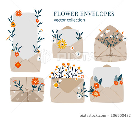 Hand drawn cute floral envelope illustrations. Vector vintage letter set with flowers, leaves and a place for your text Hand drawn cute floral envelope illustrations. Vector vintage letter set with flowers, leaves and a place for your text 106900482