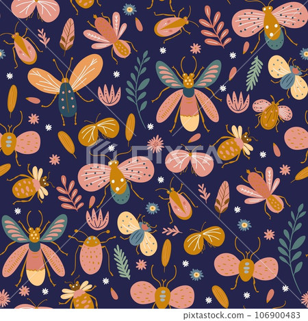 Cute doodle bugs and moth vector illustration cartoon kids summer insect seamless pattern Cute doodle bugs and moth vector illustration cartoon kids summer insect seamless pattern 106900483