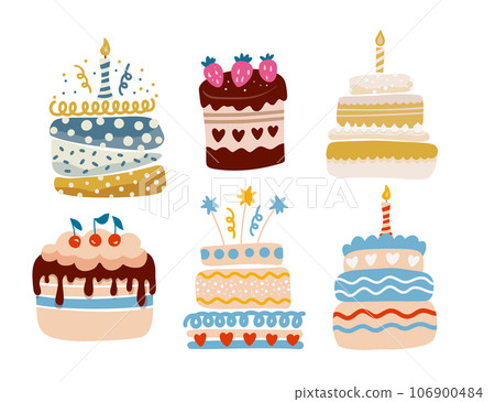 Cute Cartoon simple vector birthday cake cupcake vector set. Happy holiday cream cake Cute Cartoon simple vector birthday cake cupcake vector set. Happy holiday cream cake 106900484