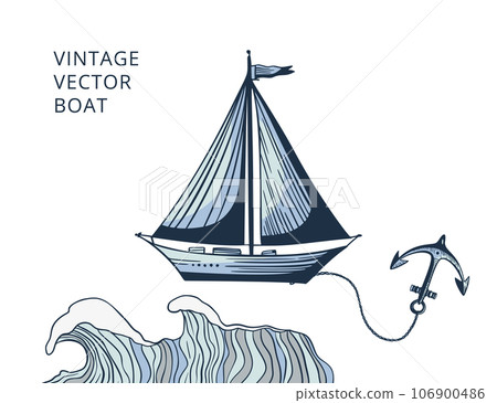 Vintage vector ship boat sketch illustration. Blue sea ocean hand drawn card design with wave. Vintage vector ship boat sketch illustration. Blue sea ocean hand drawn card design with wave. 106900486
