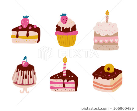 Cute Cartoon simple vector birthday cake cupcake vector set. Happy holiday cream cake Cute Cartoon simple vector birthday cake cupcake vector set. Happy holiday cream cake 106900489