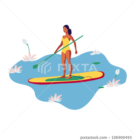 Young woman in a swimsuit swimming on a SUP board on the lake among water lily flowers vector flat illustration Young woman in a swimsuit swimming on a SUP board on the lake among water lily flowers vector flat illustration 106900493