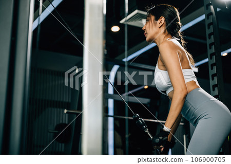 Healthy lifestyle and fitness concept - young woman pulling down weights on a cable machine at the gym. fitness center health workout concept 106900705