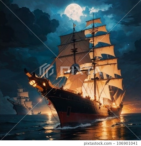 Pirate ship sailing on the ocean 106901041