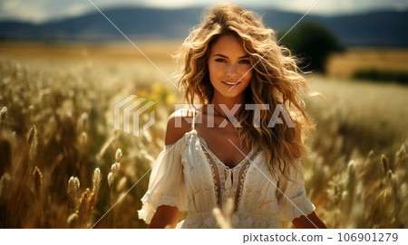 A beautiful smiling woman with long hair blowing in the wind in a field of ears A beautiful smiling woman with long hair blowing in the wind in a field of ears 106901279