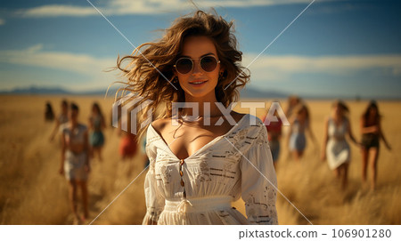 A beautiful smiling woman with long hair blowing in the wind in a field of ears A beautiful smiling woman with long hair blowing in the wind in a field of ears 106901280