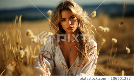 A beautiful smiling woman with long hair blowing in the wind in a field of ears A beautiful smiling woman with long hair blowing in the wind in a field of ears 106901282
