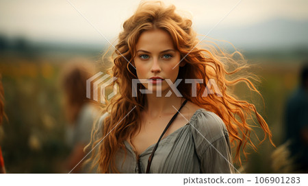 A beautiful smiling woman with long hair blowing in the wind in a field of ears 106901283