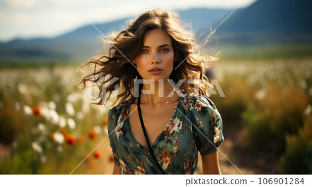 A beautiful smiling woman with long hair blowing in the wind in a field of ears 106901284