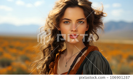 A beautiful smiling woman with long hair blowing in the wind in a field of ears 106901287