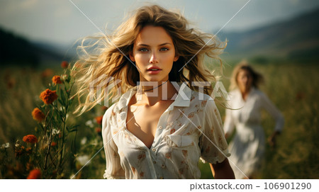 A beautiful smiling woman with long hair blowing in the wind in a field of ears A beautiful smiling woman with long hair blowing in the wind in a field of ears 106901290