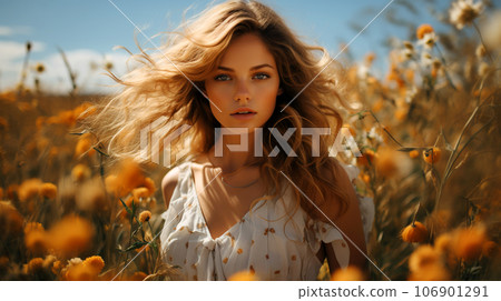 A beautiful smiling woman with long hair blowing in the wind in a field of ears A beautiful smiling woman with long hair blowing in the wind in a field of ears 106901291