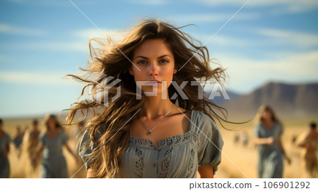 A beautiful smiling woman with long hair blowing in the wind in a field of ears A beautiful smiling woman with long hair blowing in the wind in a field of ears 106901292
