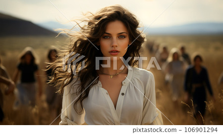 A beautiful smiling woman with long hair blowing in the wind in a field of ears A beautiful smiling woman with long hair blowing in the wind in a field of ears 106901294