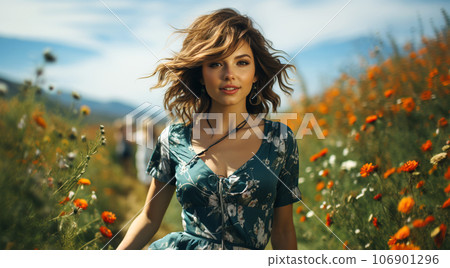A beautiful smiling woman with long hair blowing in the wind in a field of ears A beautiful smiling woman with long hair blowing in the wind in a field of ears 106901296