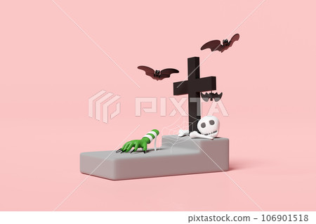 3d halloween holiday party with zombie hand, cemetery, skull, eye, bats isolated on pink background. 3d render illustration 106901518