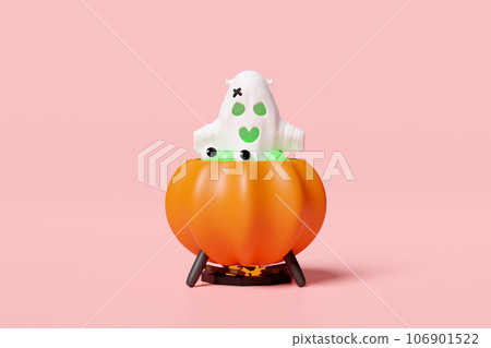 3d halloween holiday party with cute ghost, magic cauldron pumpkin, eye isolated on pink background. 3d render illustration 3d halloween holiday party with cute ghost, magic cauldron pumpkin, eye isolated on pink background. 3d render illustration 106901522