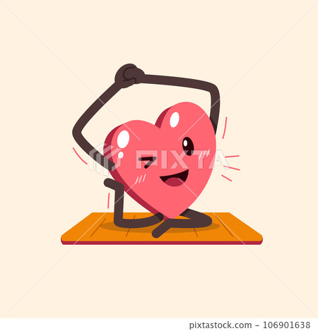Cartoon heart character exercising on yoga mat 106901638