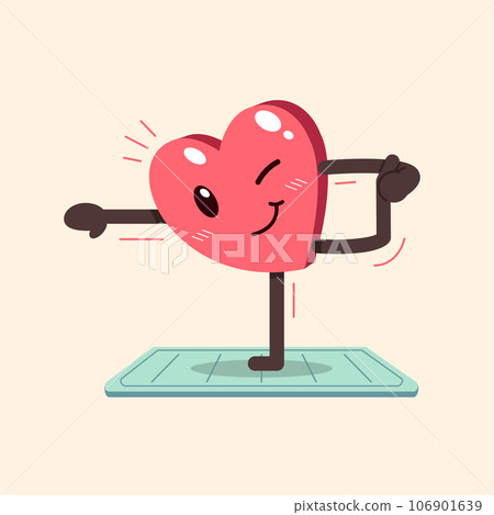 Vector cartoon heart character doing yoga on exercise mat 106901639