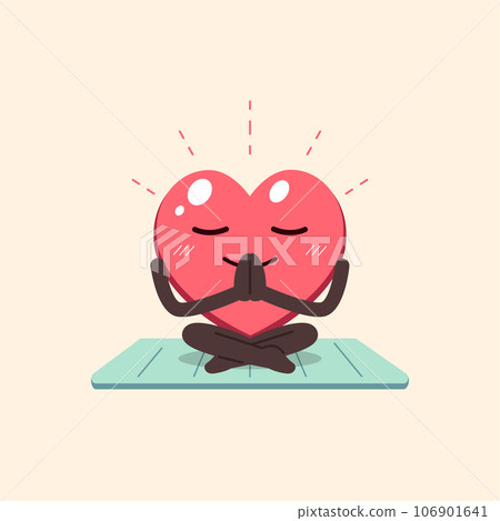 Cartoon heart character doing yoga pose on exercise mat 106901641